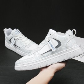 Men Leather Breathable Soft Sole Pattern Splicing Lace Up Casual Court Shoes