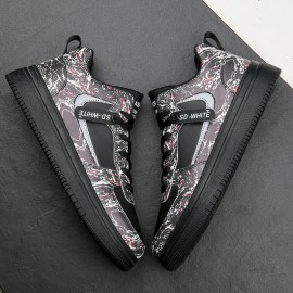 Men Leather Breathable Soft Sole Pattern Splicing Lace Up Casual Court Shoes