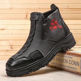 Men Leather Breathable Soft Sole Halloween Skull Pattern Zipper Casual Martin Ankle Boots