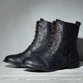 Men Leather Breathable Soft Sole Non Slip Lace Up Square Heel Casual Martin Boots