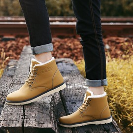 Men Comfortable Warm Fur Lining Leather Laces Up Boots Shoes