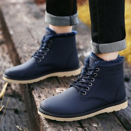 Men Comfortable Warm Fur Lining Leather Laces Up Boots Shoes