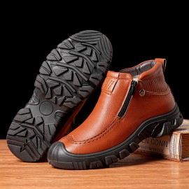 Men Warm Plush Lining Side Zipper Leather Boots