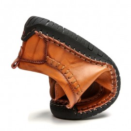 Men Cowhide Leather Hand Stitching Non Slip Soft Sole Business Casual Shoes
