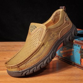 Men Cowhide Hollow Non Slip Outdoor Business Casual Slip On Leather Shoes