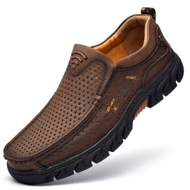 Men Cowhide Hollow Non Slip Outdoor Business Casual Slip On Leather Shoes