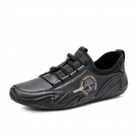 Men Microfiber Leather Breathable Hand Stitching Soft Sole Brief Elastic Laces Casual Driving Shoes