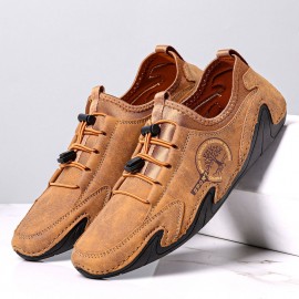 Men Microfiber Leather Breathable Hand Stitching Soft Sole Brief Elastic Laces Casual Driving Shoes