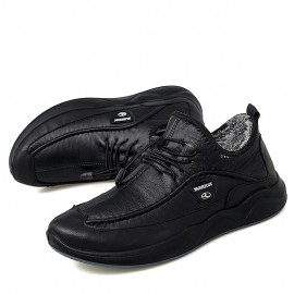 Men Winter Warm Plush Lining Elastic Lace Non Slip Casual Leather Flats