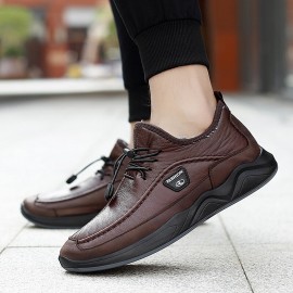 Men Winter Warm Plush Lining Elastic Lace Non Slip Casual Leather Flats