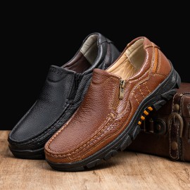 Men Cowhide Breathable Soft Sole Slip On Comfy England Style Zipper Casual Shoes